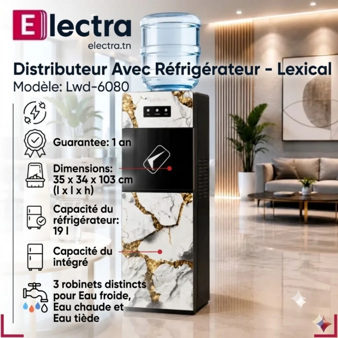 Distributeur d'Eau Lexical Avec Réfrigérateur -670 W- LWD-6080- Marbre Blanc