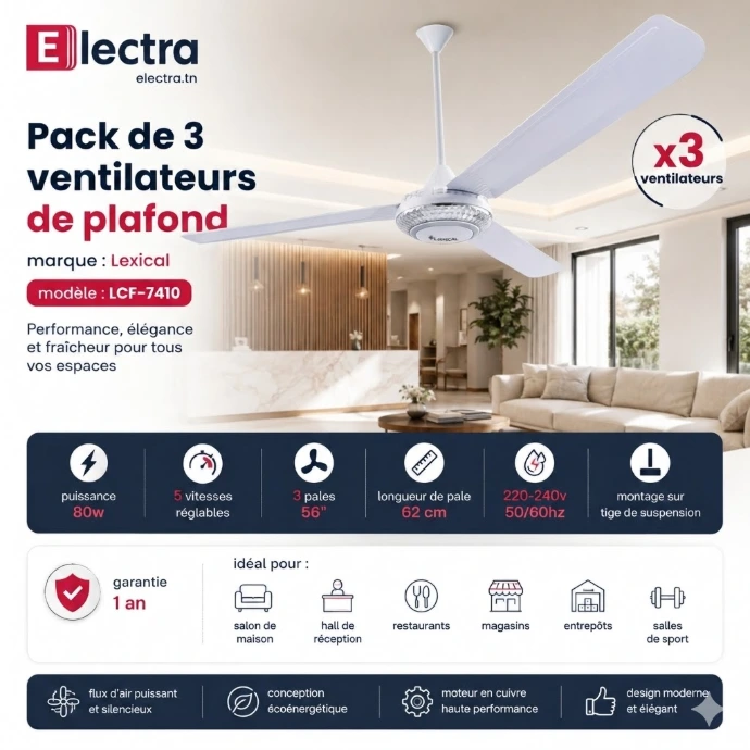 Pack de 3 ventilateurs de plafond Lexical 56 pouces couleur Argent avec moteur en cuivre silencieux pour salon et magasin