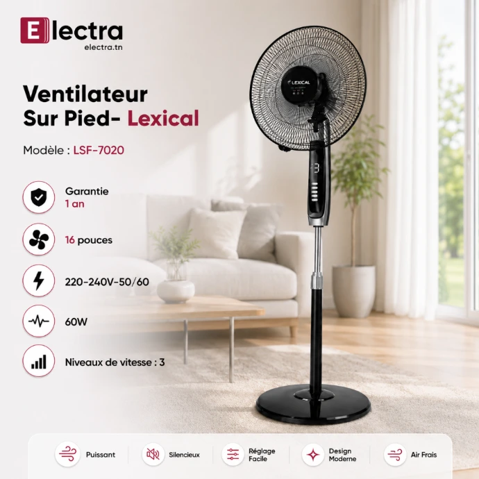 Ventilateur sur pied Lexical 16 pouces avec télécommande et écran LED couleur Argent pour rafraîchissement domestique