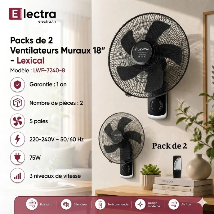 Pack de 2 ventilateurs muraux Lexical 18 pouces couleur noire avec télécommande et affichage LED pour maison et commerce