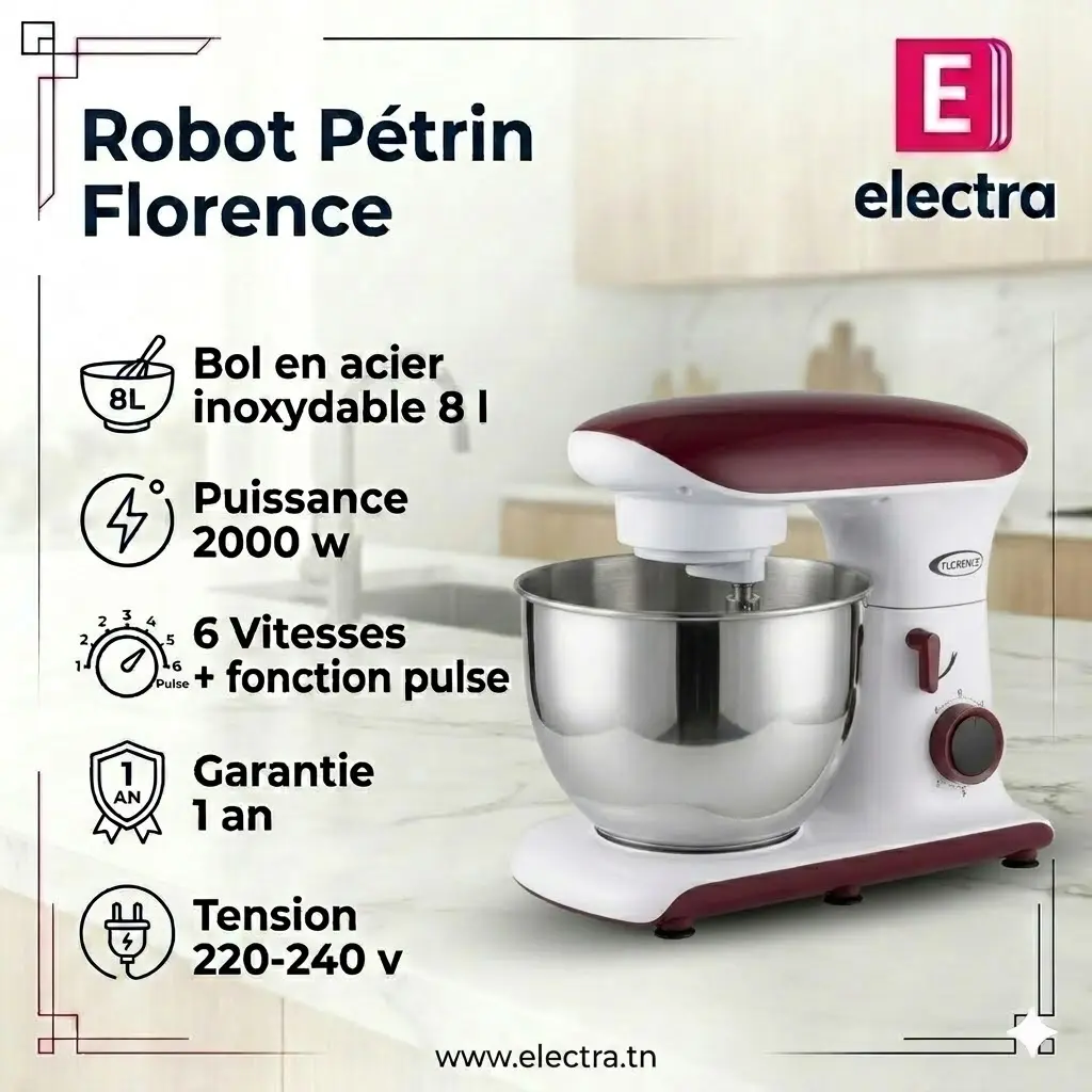 Robot Pétrin Florence 8L - 2000W - rouge-electra.webp