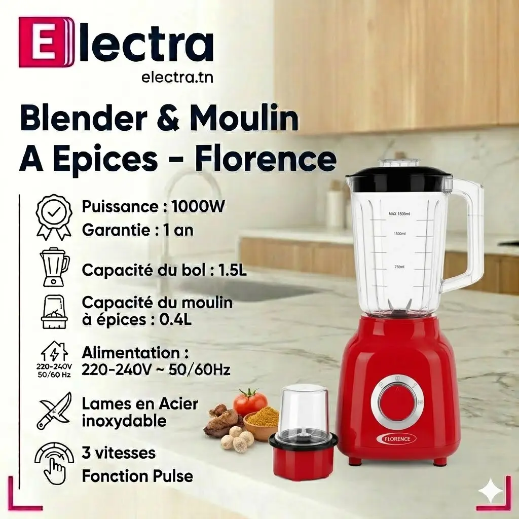 Blender Avec Moulin A Epices 1,5L -Florence - 1000W- Rouge4.webp