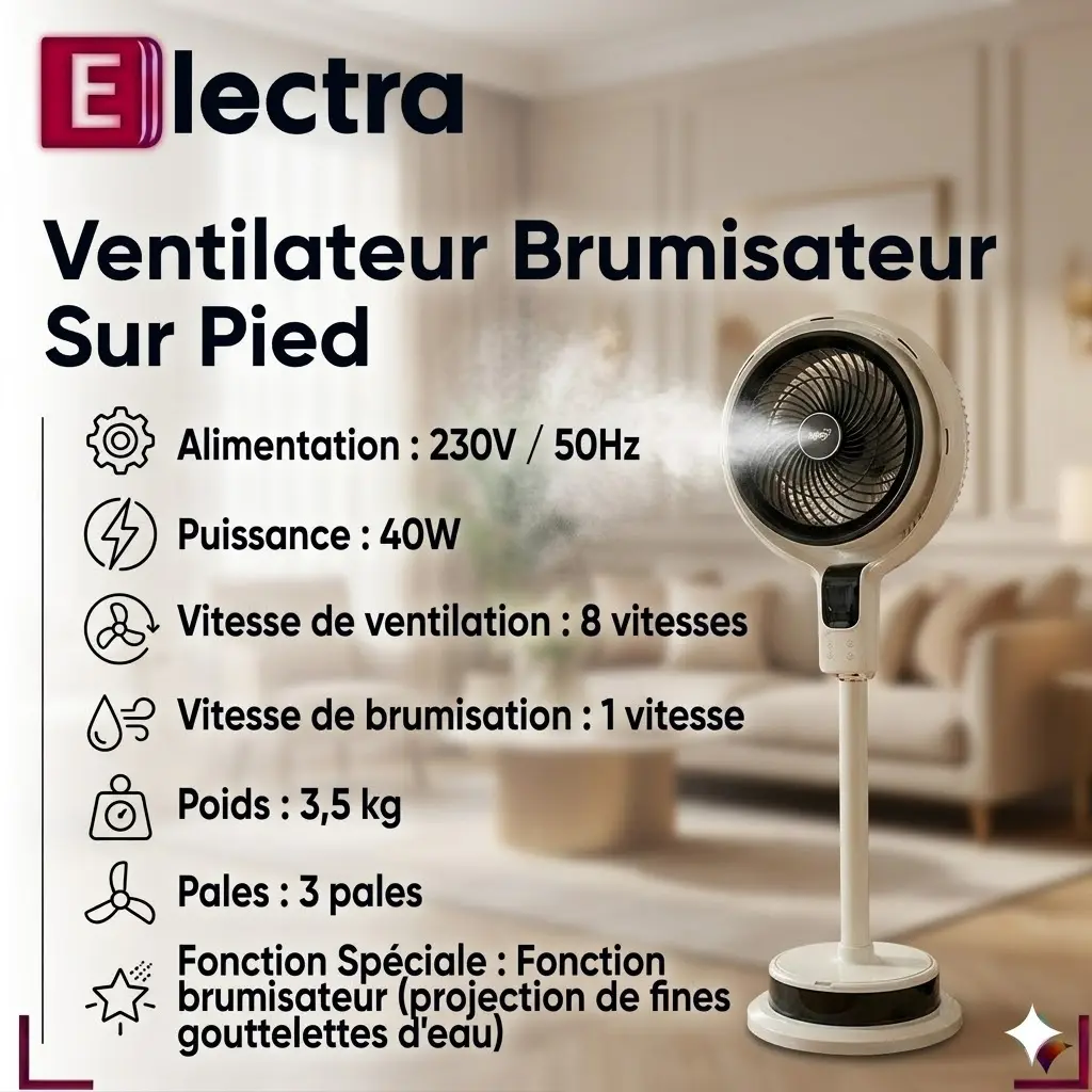 Ventilateur Brumisateur Sur Pied- 8 Vitesses - 40W.webp