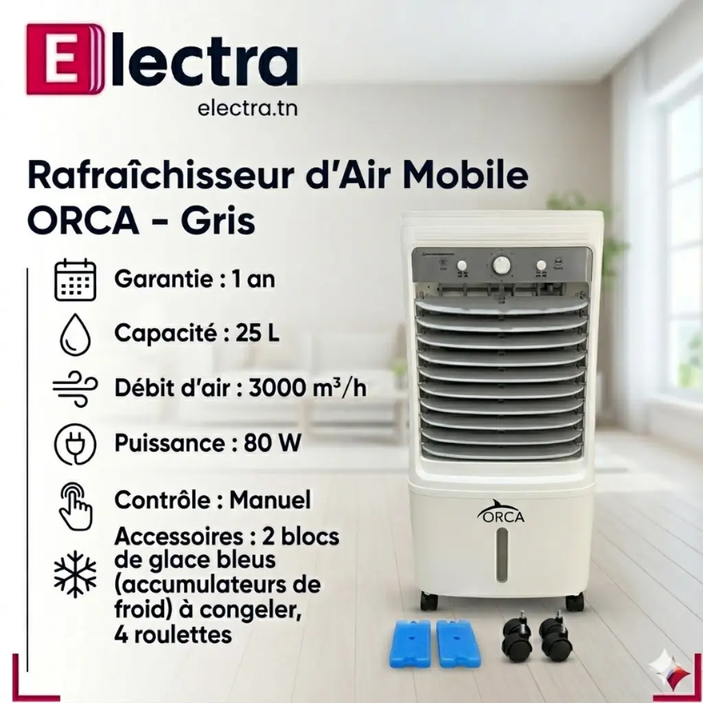 Rafraîchisseur d’Air Mobile ORCA - 25L -80W- Gris-electra.webp