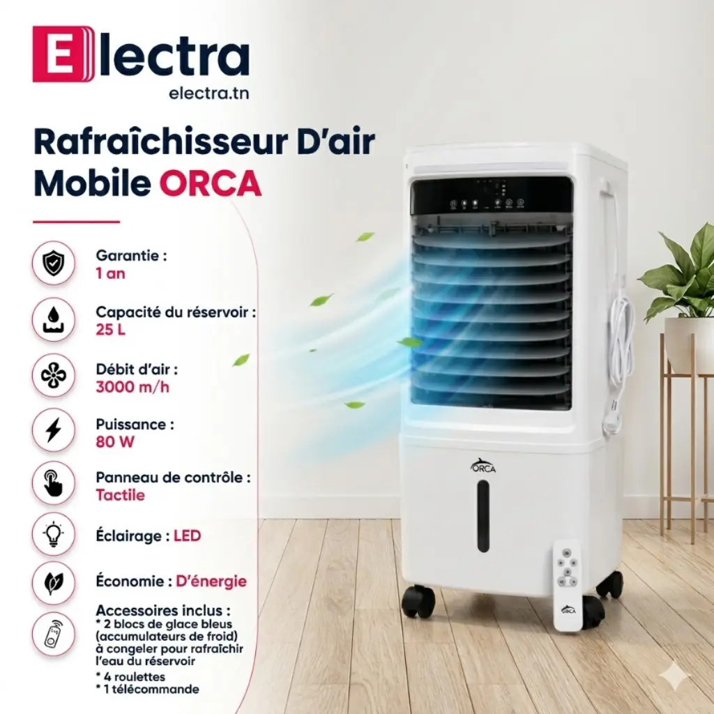 Rafraîchisseur d’Air Mobile ORCA - 25L -80W- Noir-electra.webp