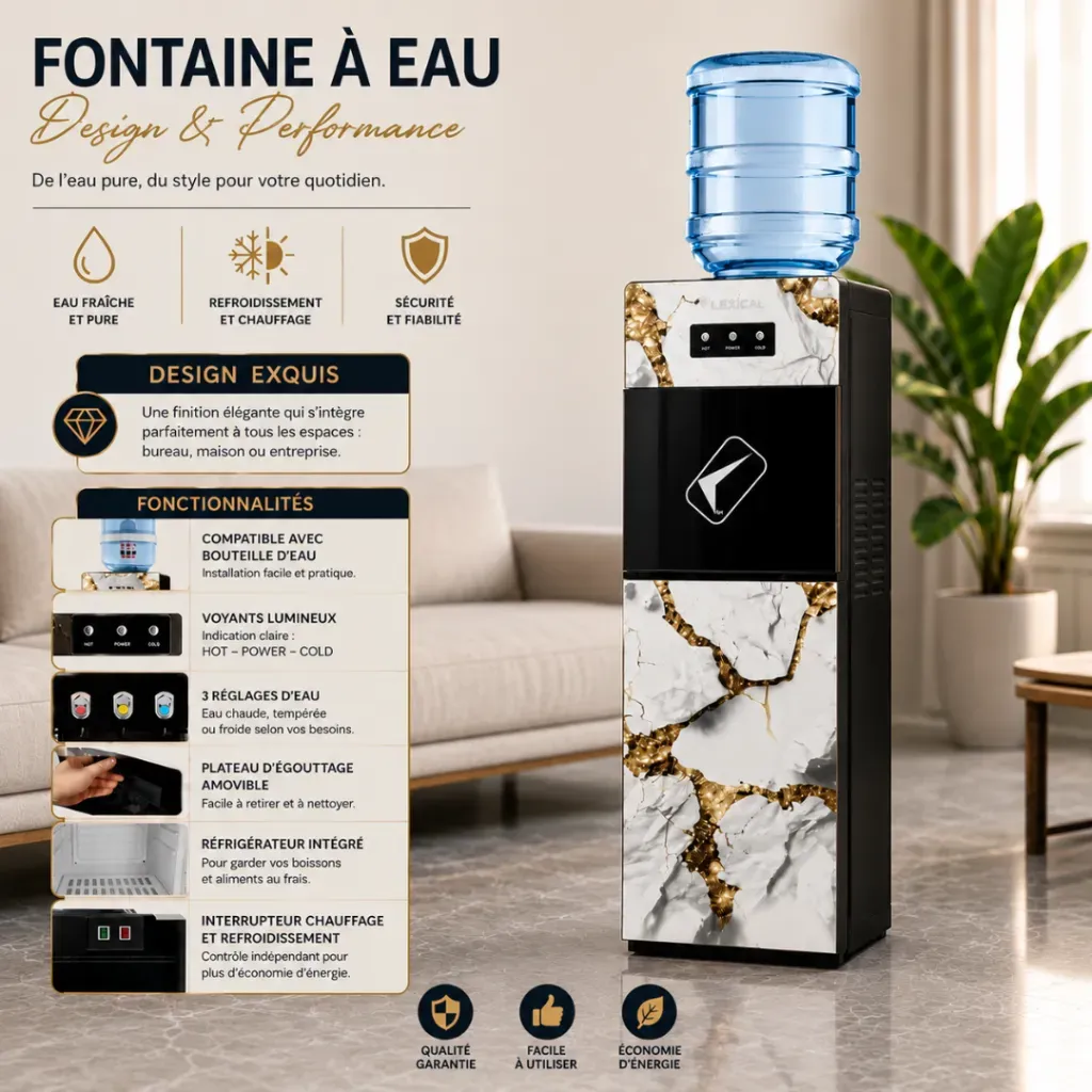 Distributeur d'Eau Lexical Avec Réfrigérateur -670 W- LWD-6080- Marbre Blanc.webp