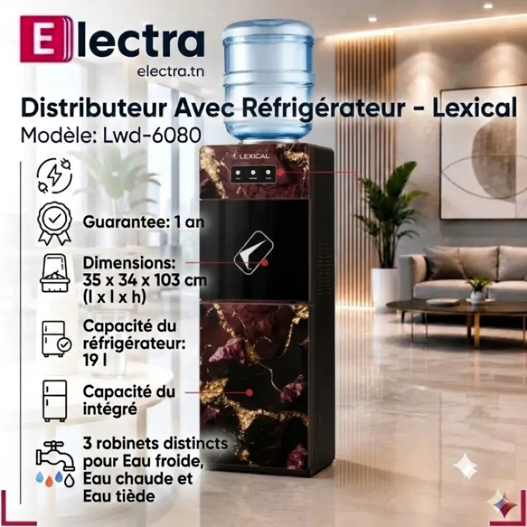 [LWD-6080-4] Distributeur d'Eau Avec Réfrigérateur Lexical LWD-6080 - Marbre Rouge.webp