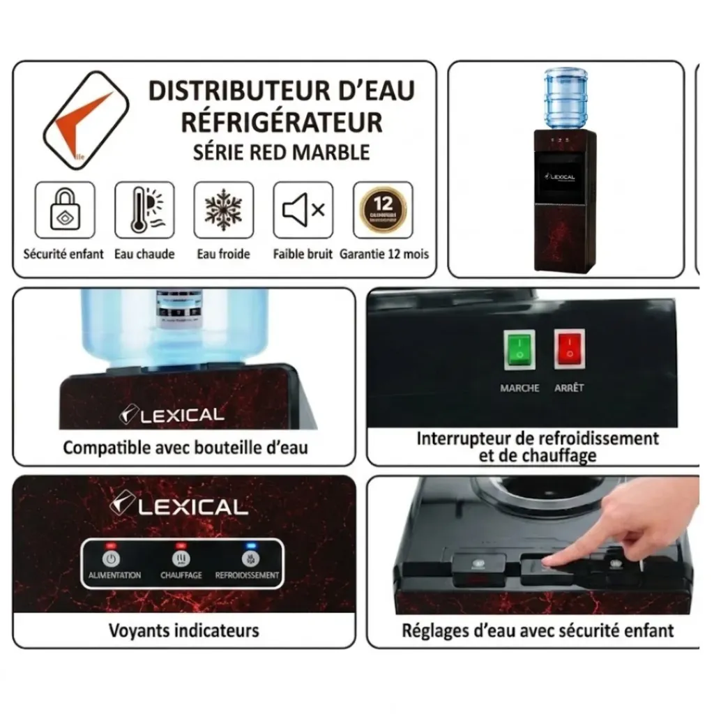 Distributeur d'Eau Avec Réfrigérateur Lexical LWD-6070 - Rouge (2).webp