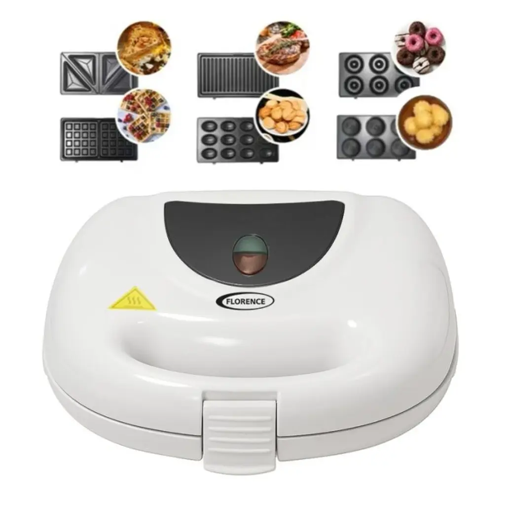 [HK411B] Appareil De Cuisson 6en1 Florence 1500W Zouza , Panini , Gauffre , Donut , Maamoul,Croque-Monsieur - Blanc