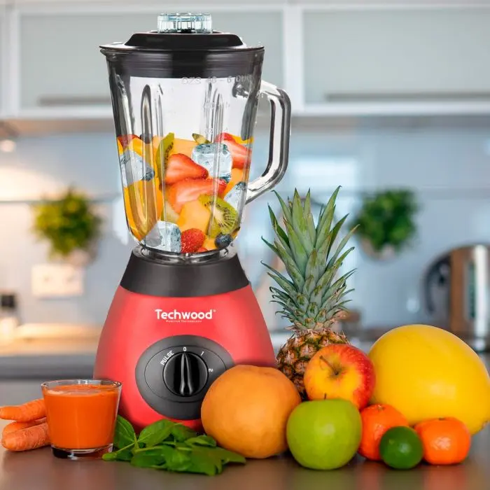[TWRO60066] Blender Techwood Inox Grenat Bol Verre 1,5L, 2 Vitesses + Impulsions, 6 Lames Inox – TBLI-385