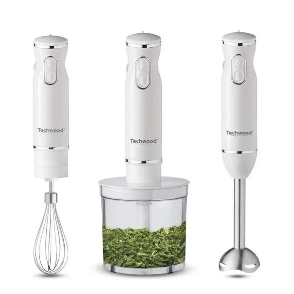 [TWPO60049] Mixeur Plongeant Techwood Blanc 3en1 Pieds Inox, Bol Hachoir 500ml & 2 Vitesses – TMS-9600