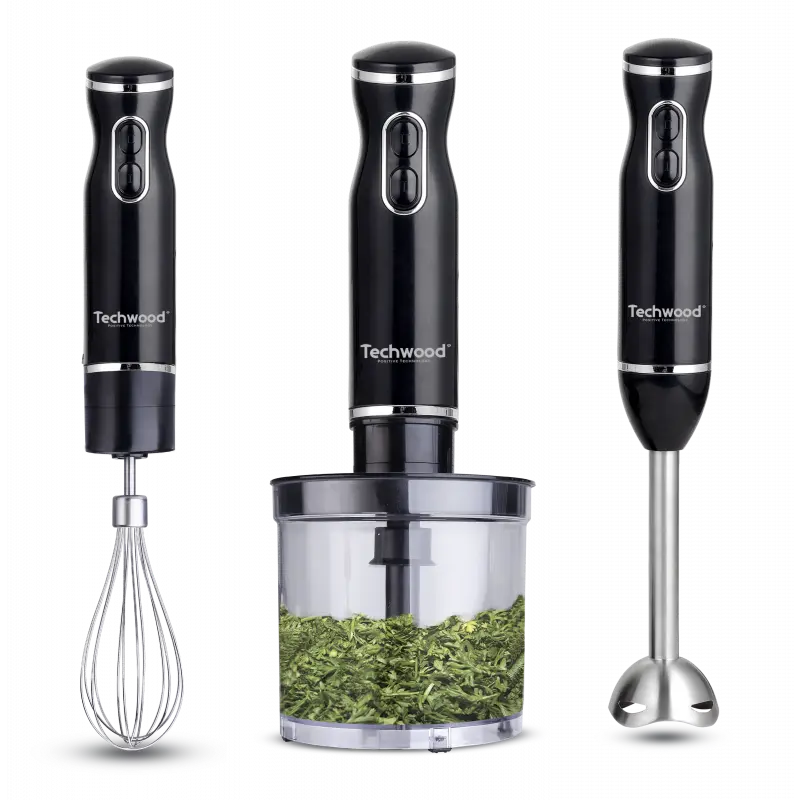 [TWPO60050] Mixeur Plongeant Techwood Inox Noir 3en1 Pieds Inox, Bol Hachoir 500ml & 2 Vitesses – TMS-9666